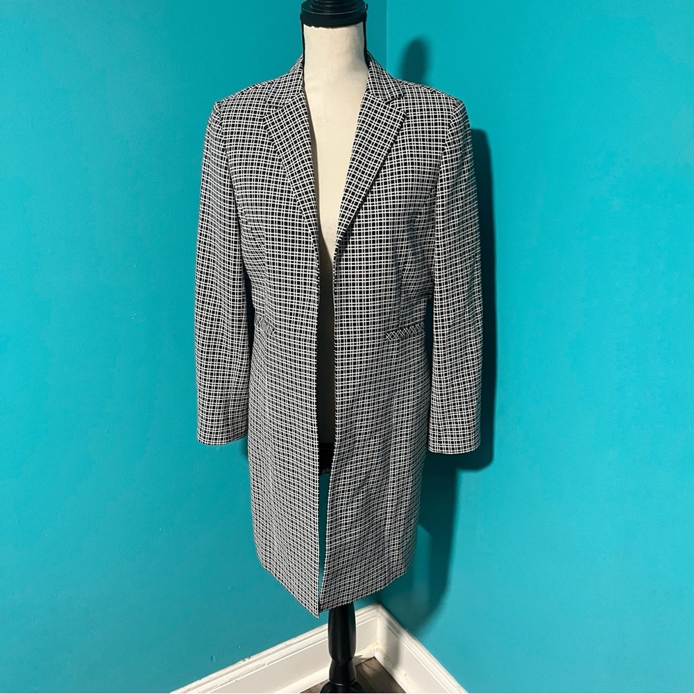 Alfani 8P Black White Windowpane Plaid Open Front Jacket